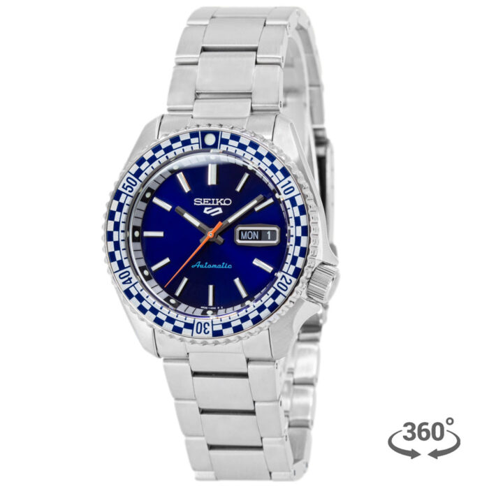 Seiko 5 Sports Petrol Blue Checker Flag Special Edition Blue Dial Silver Steel Strap Watch For Men - SRPK65K1 - Image 2